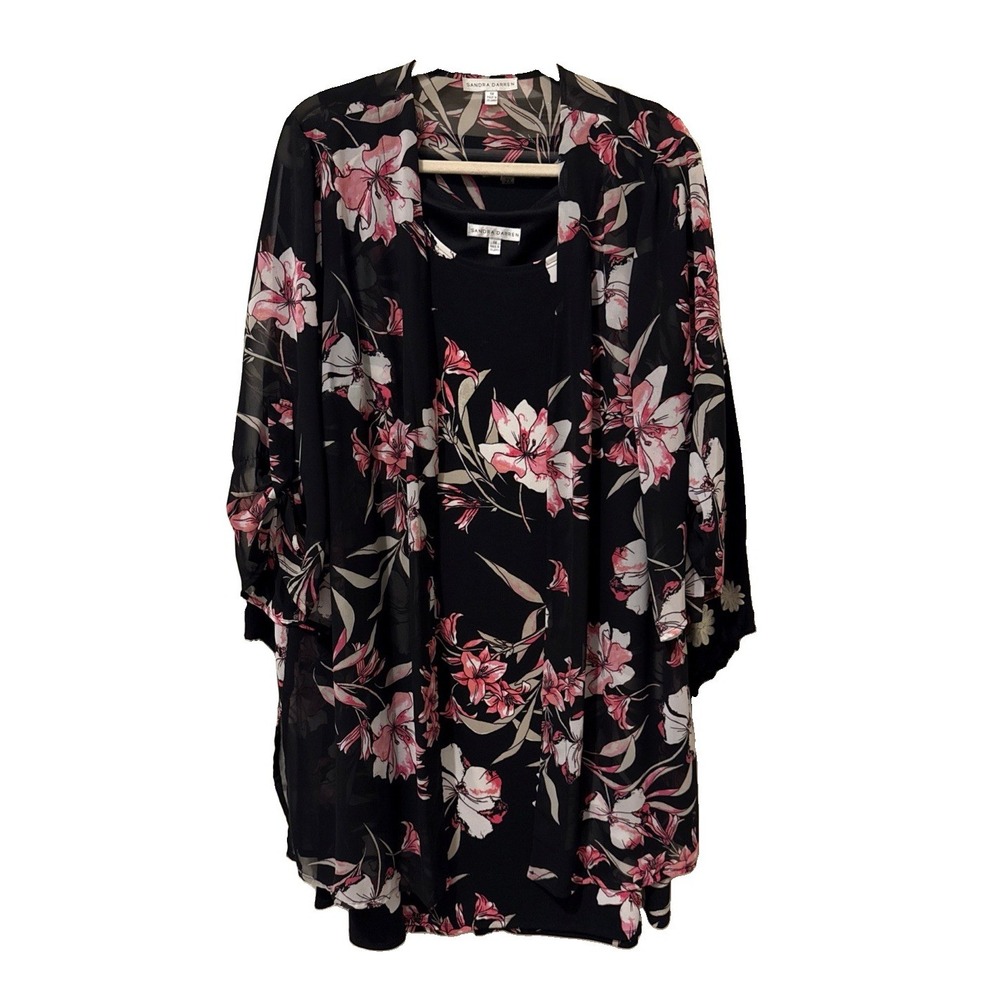 Sandra Darren 1X Black Pink Floral Shift Dress W/ Kimono 3/4 Sleeve Chic